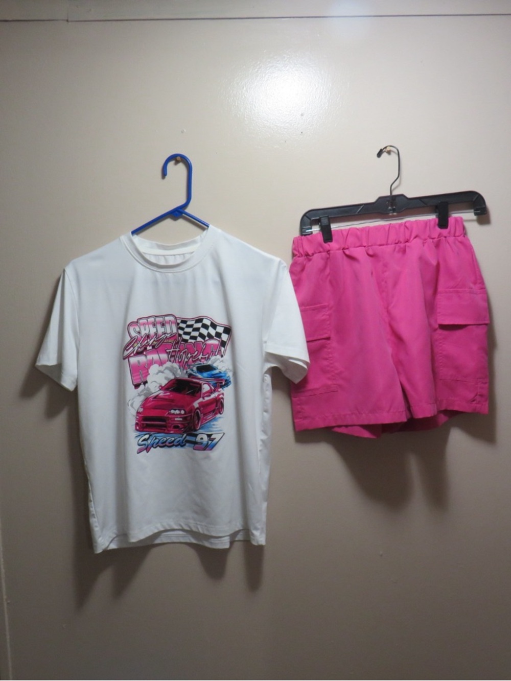 SHEIN Girl’s White Racing Graphic Tee with Bright Pink Shorts Set. Size 16 years